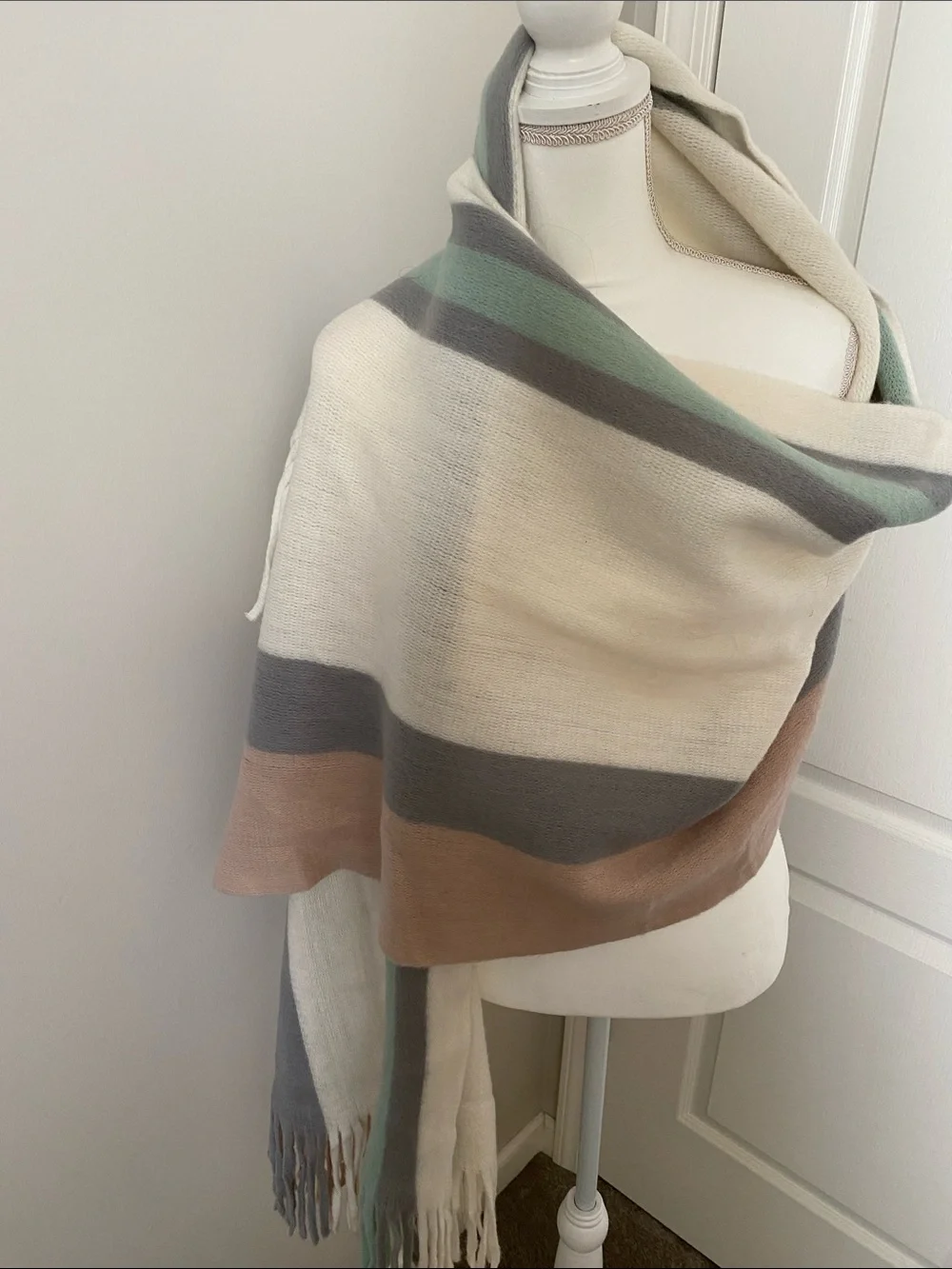 Steve Madden Cream, Mint & Taupe Striped Fringe Scarf